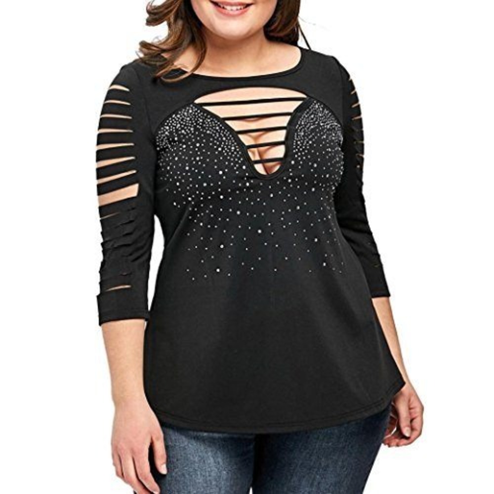 Nextmia Blouse Womens 14 Black Excellent Rhinestone Ladder Cutout Ruffle Sleeve